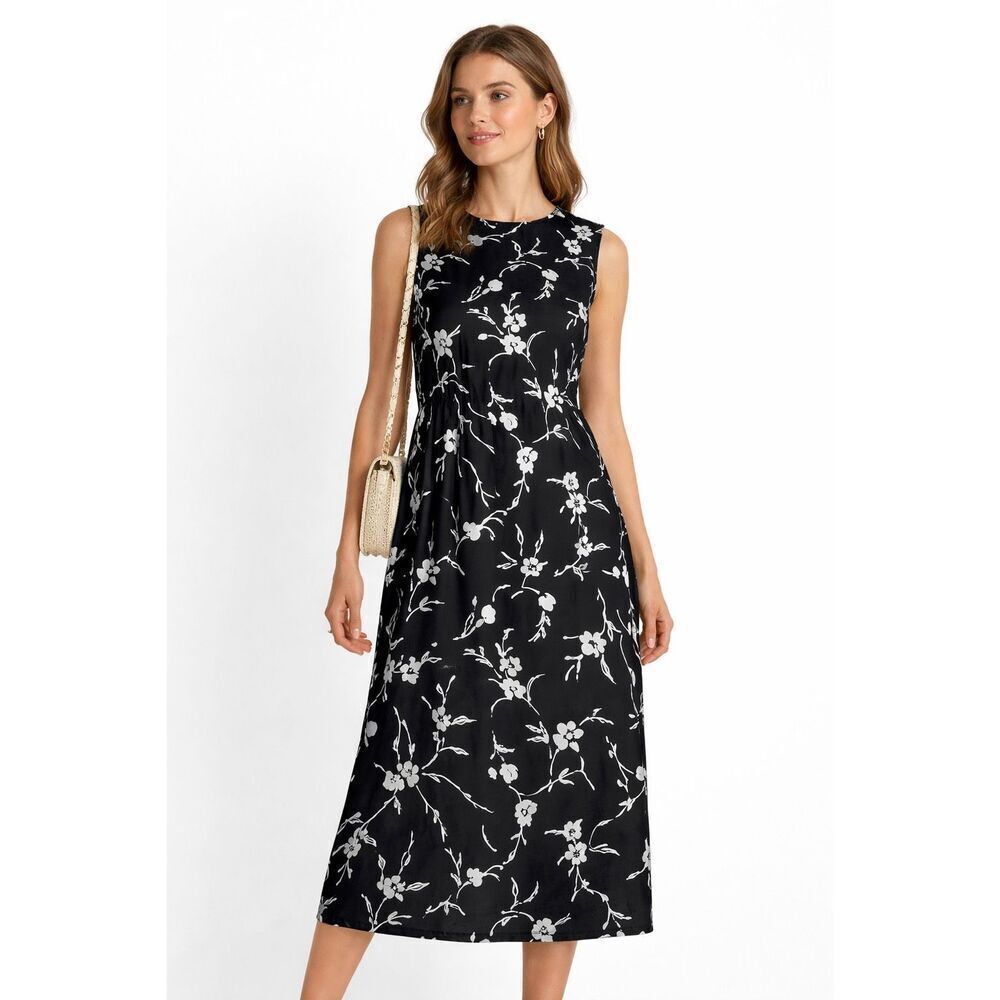 Vintage Newport News 100% Silk Black & White Floral Print Midi Dress Size M